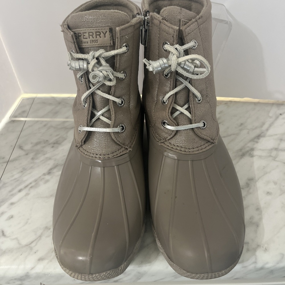 New Sperry Saltwater Boots Womans Sz 10 Sparkle Textile Waterproof Brown Dove